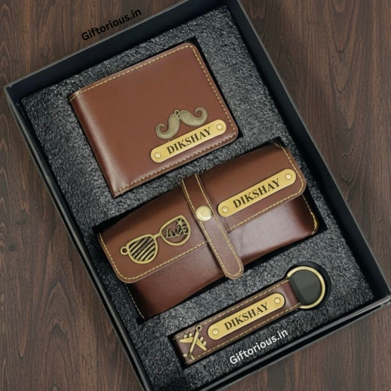 Customized Wallet Set for Men with Custom Keychain & Eyewear Case Gift Box