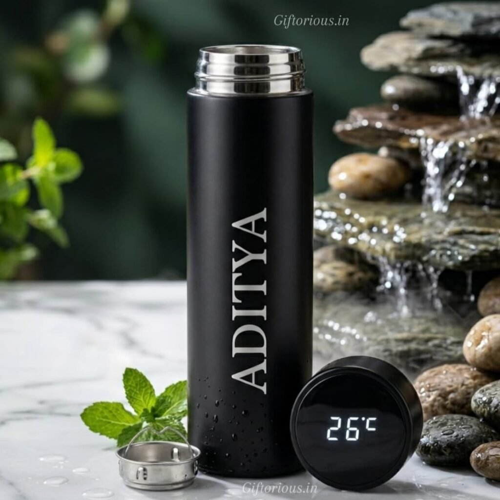 Matte black customized bottle with name text and smart LED temperature showing lid.